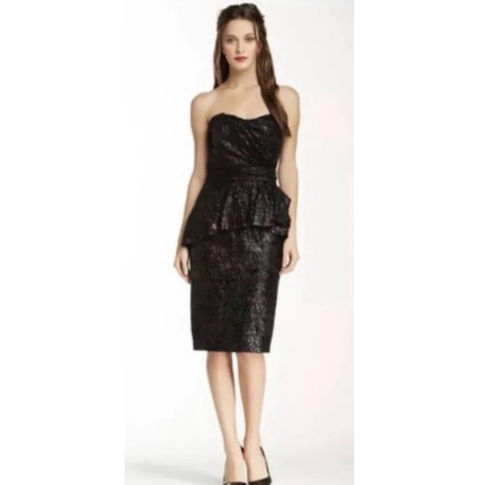 Badgley Mischka Velvet Peplum Cocktail Dress Women 6 Black Silver Metallic NWT